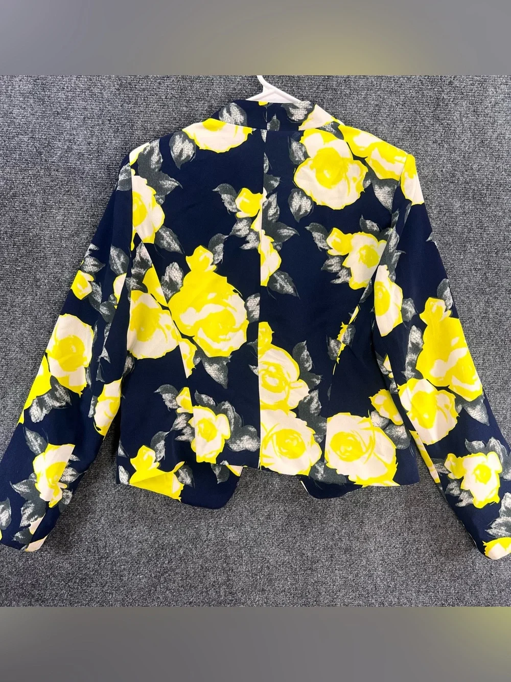 Ovi Open-Front Cropped Blazer Sz Large Navy Blue/Yellow Floral Print Career Work